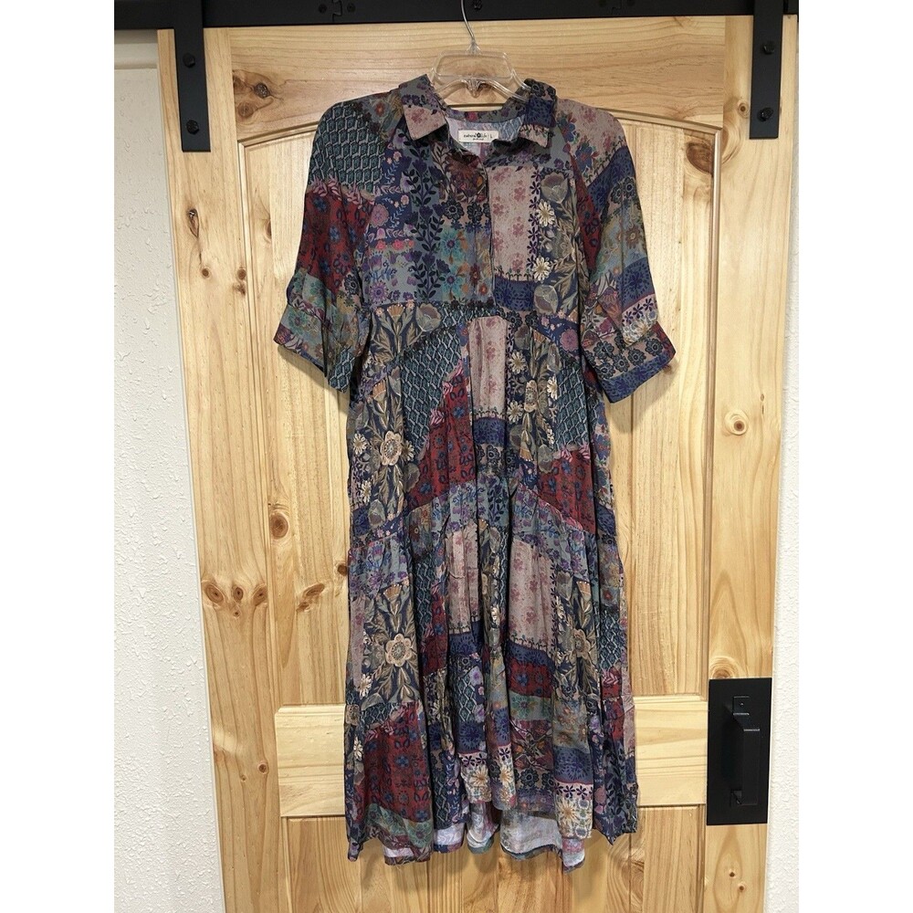 Natural Life Rebecca Dress Patchwork Midi Floral Boho Size L Blue Burgundy Fall